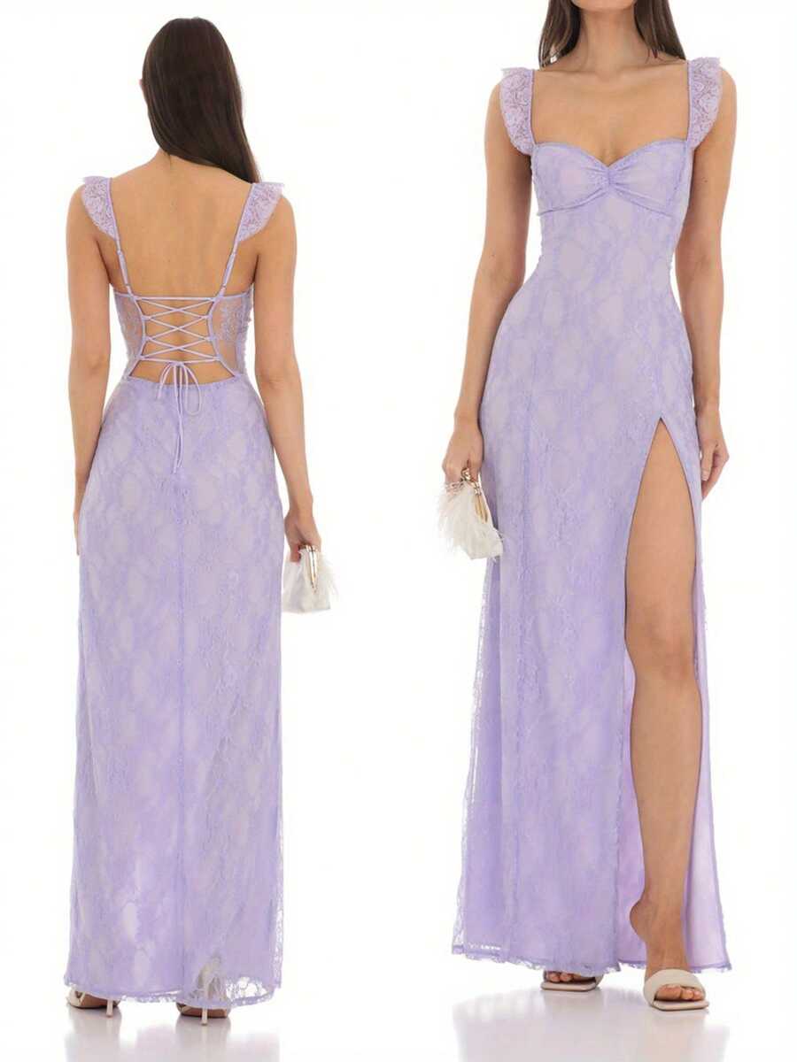 Women's Long Lace Dress Slim Sweetheart Neck Ruffled Sleeve Back Cross Tie-Up High Split Backless Cami Dress - 淺紫色 - 查看 1