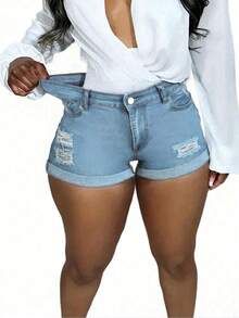 MUZZ 女士夏季休闲派对卷边牛仔短裤，音乐节时尚性感弹力破洞修身沙滩牛仔裤，带毛边和口袋 - 淺色水洗藍 - 查看 4