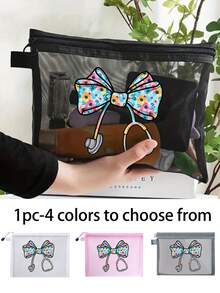 Mesh Zipper Storage Bag, Printed With Bow Stethoscope Pattern, Multi-Function Storage Bag, Medicine Storage, Beach Vacation Toiletries Bag, Transparent Mesh Storage Bag, Multi-Function Travel Bag, Air Cushion Storage, Portable Storage Bag, Student Stationery Bag - متعدد الألوان - مشاهدة 1