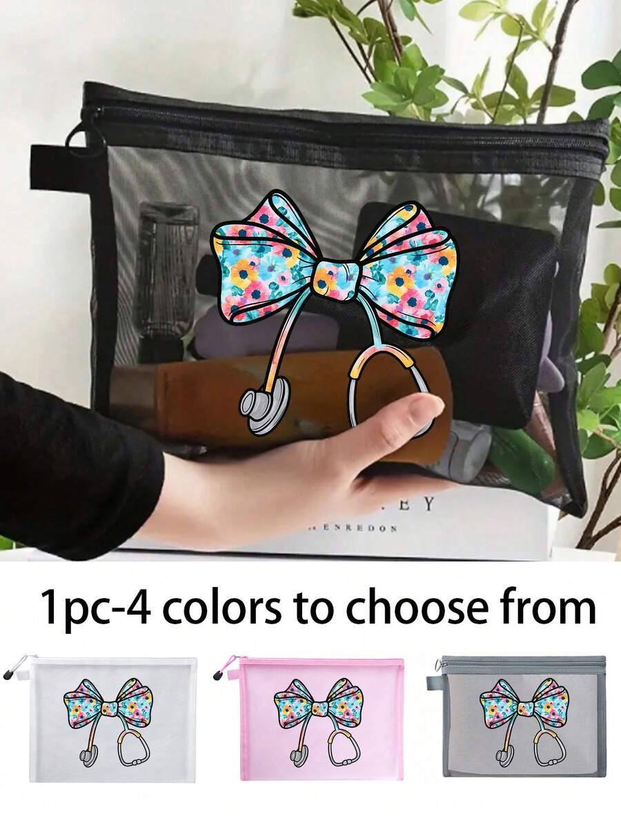 Mesh Zipper Storage Bag, Printed With Bow Stethoscope Pattern, Multi-Function Storage Bag, Medicine Storage, Beach Vacation Toiletries Bag, Transparent Mesh Storage Bag, Multi-Function Travel Bag, Air Cushion Storage, Portable Storage Bag, Student Stationery Bag - متعدد الألوان - مشاهدة 1