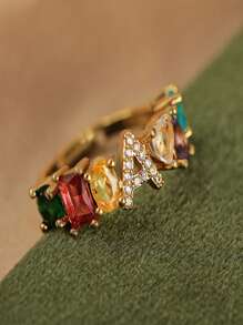 Bague ouverte en cuivre sertie de zircones de couleur aléatoire, simple et à la mode, 1 pièce – AZ 26 lettres anglaises – Bague ouverte pour femme, bague minimaliste