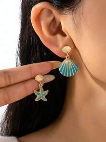 1 对时尚贝壳和星星耳环，百搭休闲/沙滩风格，适合日常佩戴 - 藍綠色 - 查看 1