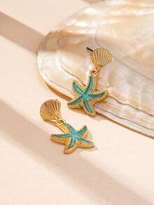 1 对时尚贝壳和星星耳环，百搭休闲/沙滩风格，适合日常佩戴 - 藍綠色 - 查看 3