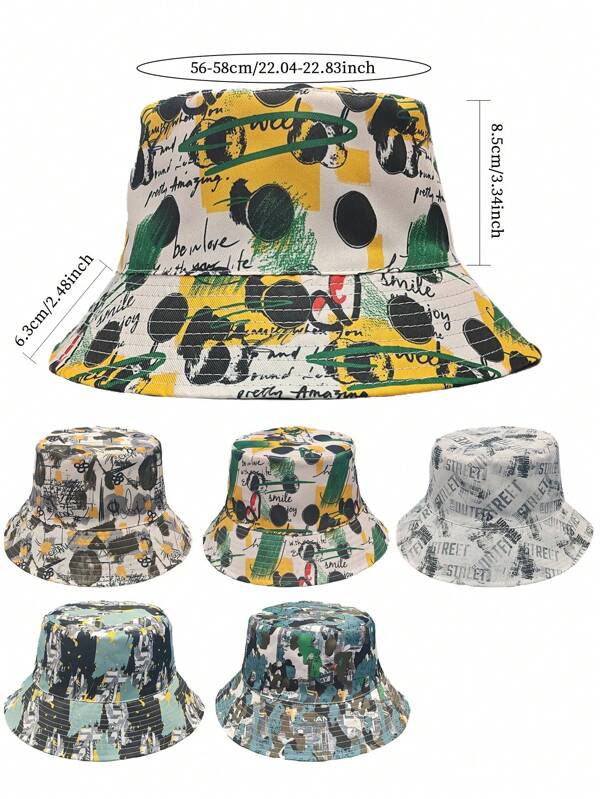 1pc Reversible Graffiti Print Street Style Bucket Hat, Polyester Fabric, Windproof & Decorative, Unisex, Suitable For Spring, Summer, Autumn