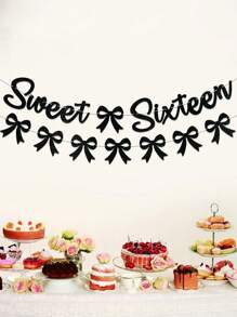 1 pièce Drapeau à tirer pour anniversaire Sweet Sixteen, bannière d'anniversaire Noire/Rose/Or rose/Or/Violette/Bordeaux avec nœud, décoration de fête d'anniversaire Sweet 16 pour fille/femme