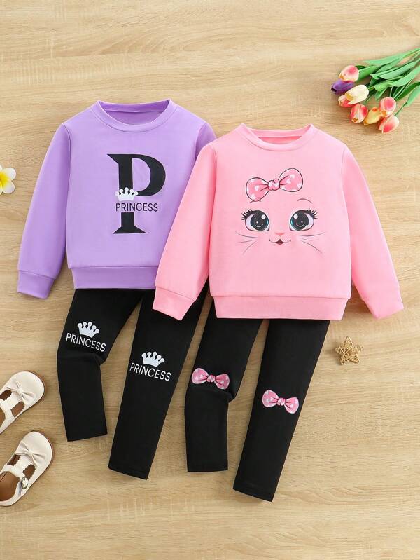 2 Stück/Set Kleinkind Mädchen Lässig Süß Katze Muster Rundhals Sweatshirt & Skinny Hose 2-teiliges Set, Frühling/Herbst