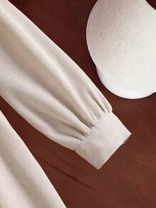 Left Mama 女童优雅简约学院风翻领长袖连衣裙搭配背心套装，适合春秋季节 - 米色 - 查看 4