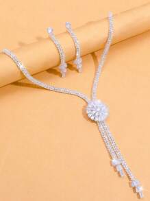 Conjunto de 4 peças de colar, brincos, pulseiras e anéis de prata com zircônia e flores para mulheres, verão, festa, casamento