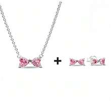 3 Pieces Pink Love Necklace Bow Earrings Sterling Silver Shining Zirconia Earrings - Butterfly - View 6