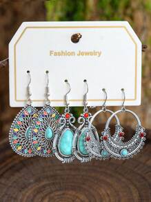 TopHanqi 3 Paar modische Ohrringe Set für Damen, vintage silberne Türkis-Hängeohrringe, einzigartige geometrische runde und Blumen-Statement-Ohrringe, für den Alltag, Partys, als Geschenk, für alle Jahreszeiten