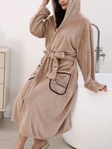 1pc Women's Solid Color Long Sleeve Pocket Casual Thickened Hooded Robe, Suitable For Autumn/Winter - Brown Decals - View 1
