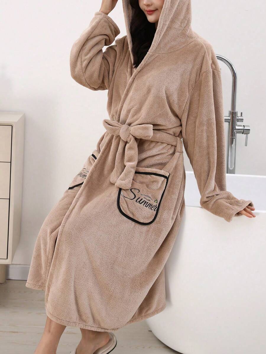 1pc Women's Solid Color Long Sleeve Pocket Casual Thickened Hooded Robe, Suitable For Autumn/Winter - Brown Decals - View 1
