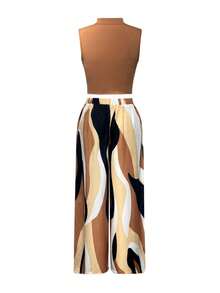 Women's Casual Vacation Style Ribbed Knit Mock Neck Sweater (Wavy Pattern) Paired With Wide Leg Woven Pants 2 Pieces Set - Coffee Brown - View 5