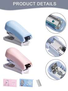 迷你订书机，三合一紧凑型订书机，适用于办公室、书房、便携式卡通设计订书机、多功能装订工具、小尺寸文具套装 - 彩色 - 查看 4