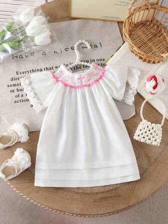 Infant Girls' Knitted Lace Ribbon Short Sleeve One-Piece Dress, Cute Casual Summer Off-Shoulder Outfit With Layered Skirt, Suitable As Gift