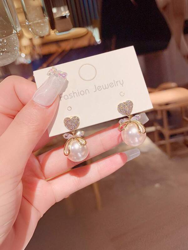1pair High-End Elegant -Style Faux Pearl Butterfly Bow & Heart Shape Full Rhinestone Sweet Luxury Mermaid Princess Earrings For Date Or Banquet
