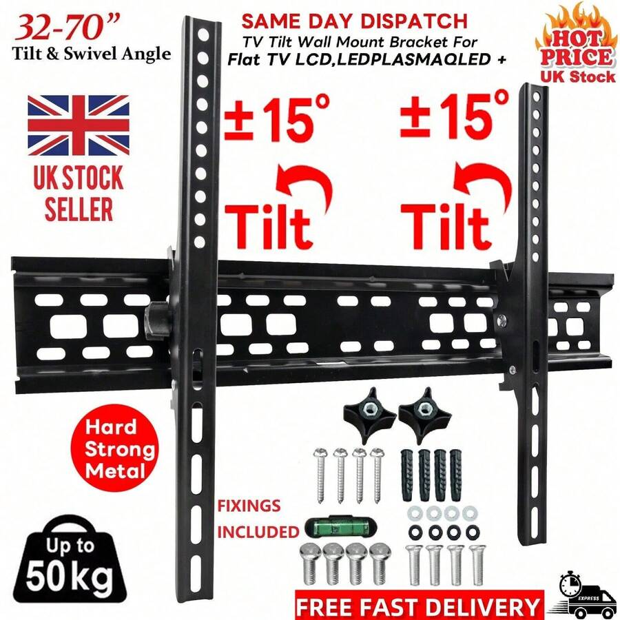 TV Wall Bracket Mount Slim Tilt For 32 36 40 50 55 Up To 72 Inch Universal Fit - Black - View 1