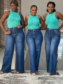 Jeans de pierna ancha de cintura alta de corte ceñido en azul oscuro, versátiles para for Commuting