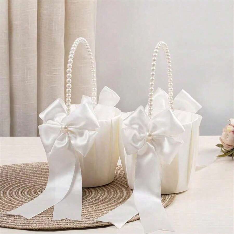 1/2 piezas Cestas para niña de las flores para boda, estilo occidental, cestas de satén color marfil con moño, suministros para boda de estilo occidental, cestas para lanzar flores para la novia y las damas de honor