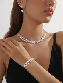 4 件奢华锆石几何项链、耳环和手链套装 - 适合女性日常通勤、校园约会、婚礼派对、情人节节日礼物 - 精緻百搭項鍊套裝 - 查看 14
