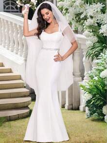 EVERPRETTY 优雅复古蕾丝心形领口美人鱼婚纱，白色礼服，适合夏季花园婚礼派对