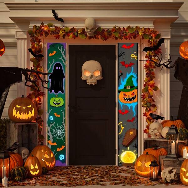 1pc Halloween Horror Ghost & Pumpkin Pattern Couplet, Suitable For Halloween Party, Holiday Party, Home Decor, Perfect For Halloween Decoration Couplet
