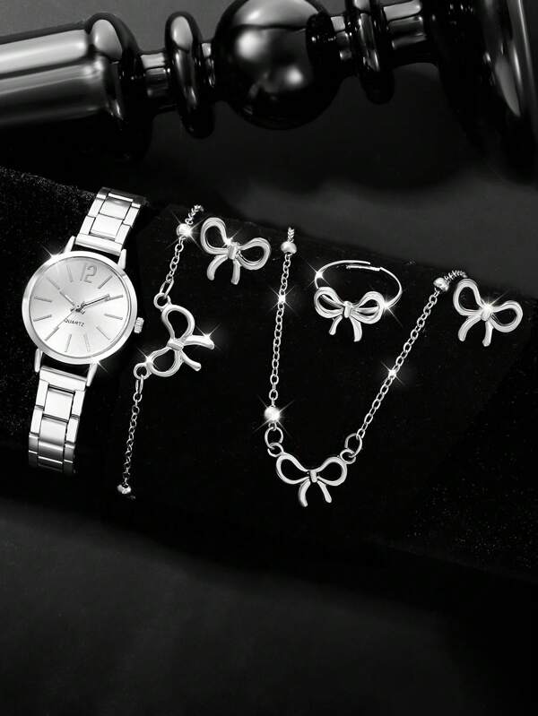 Set de 6 relojes de pulsera de cuarzo de aleación con decoración de lazo y cuentas, set de regalo de reloj y joyería para mujeres, adecuado para uso diario