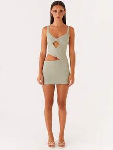 Women Cut Out Cami Dress Slim Solid Color V Neck Sleeveless Open Back Mini Bodycon Dress - Green - View 4