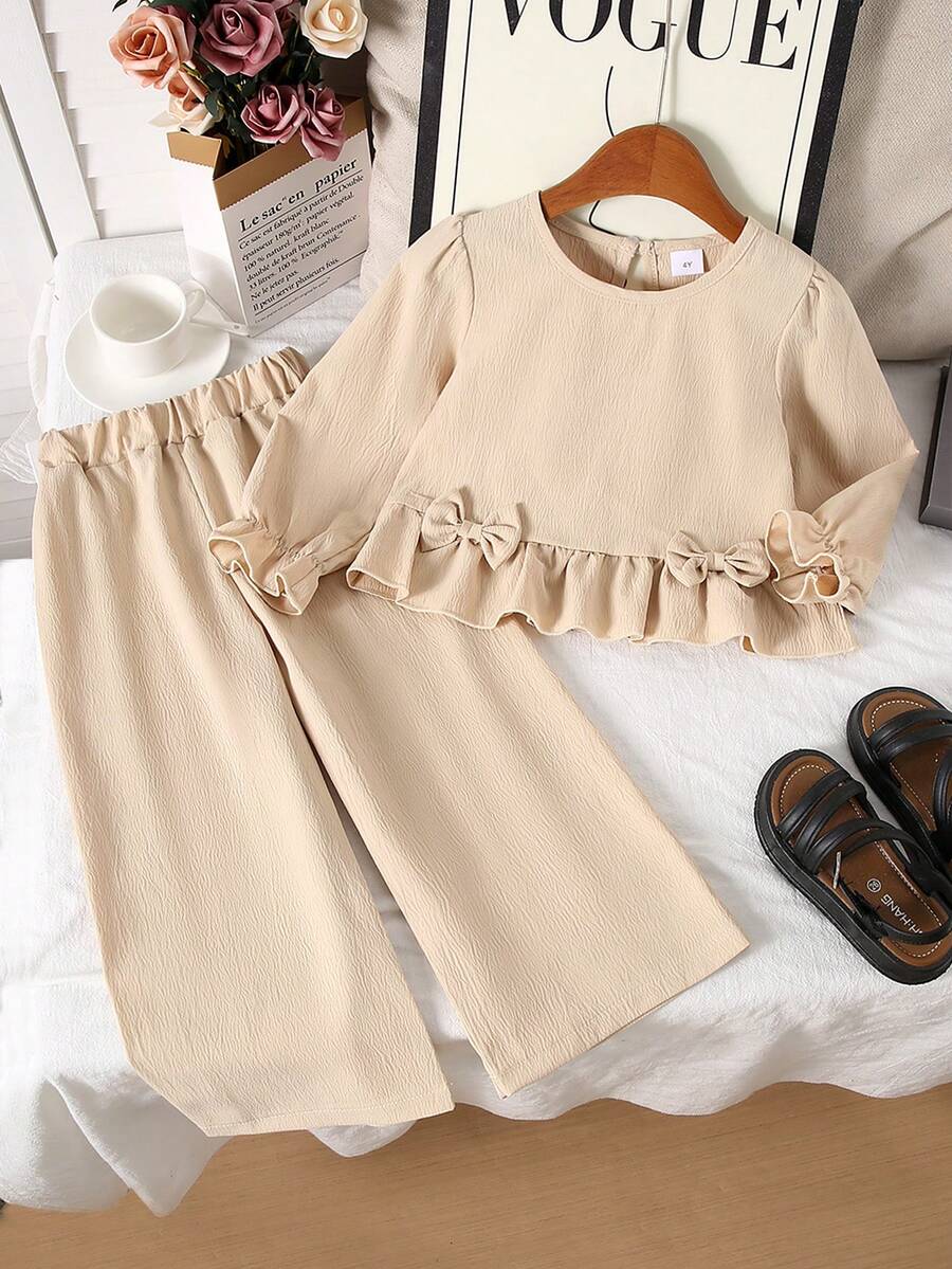 2pcs Girls' Casual Soft Comfortable Woven Fabric Long Sleeve Top & Pants Set, Suitable For Outdoor Wear, Autumn/Winter - Apricot - View 1