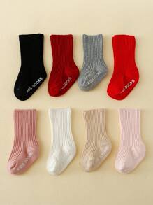 8Pairs Classic Simple Design Baby Crew Socks, Anti-Slip Dotted Sole Indoor Floor Socks, Suitable For 0-3 Years Old Boys And Girls, Newborns, Daily Wear