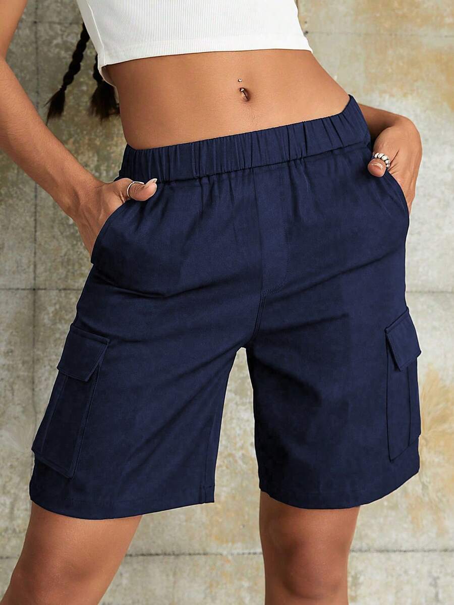 1pc Teen Girls' Loose Casual Cargo Shorts, Multiple Pockets, Sports & Outdoor Style, Spring/Summer - Navy Blue - View 1