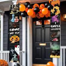 1pc Halloween Horror Ghost & Pumpkin Pattern Couplet, Suitable For Halloween Party, Holiday Party, Home Decor, Perfect For Halloween Decoration Couplet Fall Decor Room Decor Autumn Decor