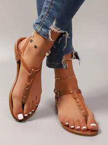 女士时尚平底凉鞋，经典优雅的方头平底拖鞋，以及女士沙滩拖鞋/凉鞋。 - 棕色 - 查看 5