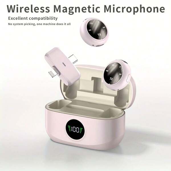 Nouvelle mini-microphone (2 TX + 1 RX + étui de chargement), microphone sans fil lavalier pour série , iPad, Android, Galaxy, ultra-léger, audio riche en détails, microphone cravate à annulation de bruit IA, batterie 75mAh, 6h d'autonomie pour enregistrement vidéo, interview, Vlog en direct, diffusion en continu - rose