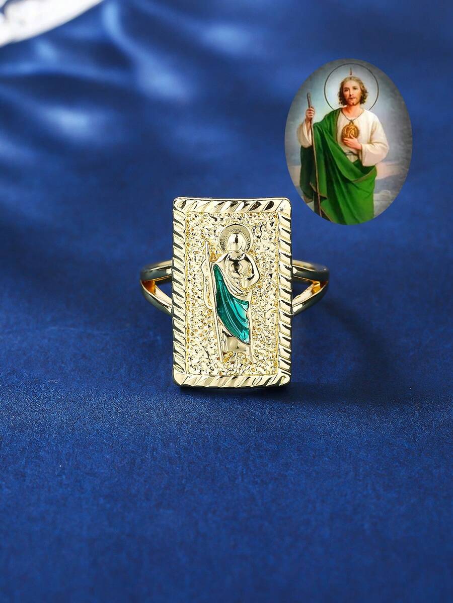 1 件可调节圣裘德圣徒天主教圣像戒指，宗教圣母玛利亚铜戒指珠宝男女通用 - 金黃色 - 查看 1