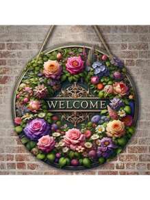 1 Stück, Blumen Willkommensschild, rundes Holzschild, Mitteldekoration mit Blumenkranz, Muttertagssegen, Sommerschild, Bauernhausdekoration für die Wand, Veranda Dekoration, perfektes Geschenk für Damen, aus künstlichem Holzmaterial.