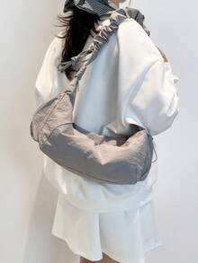 1 件女士尼龙面料多口袋饺子形褶皱抽绳斜挎包，柔软休闲百搭流浪包 - 灰色 - 查看 4