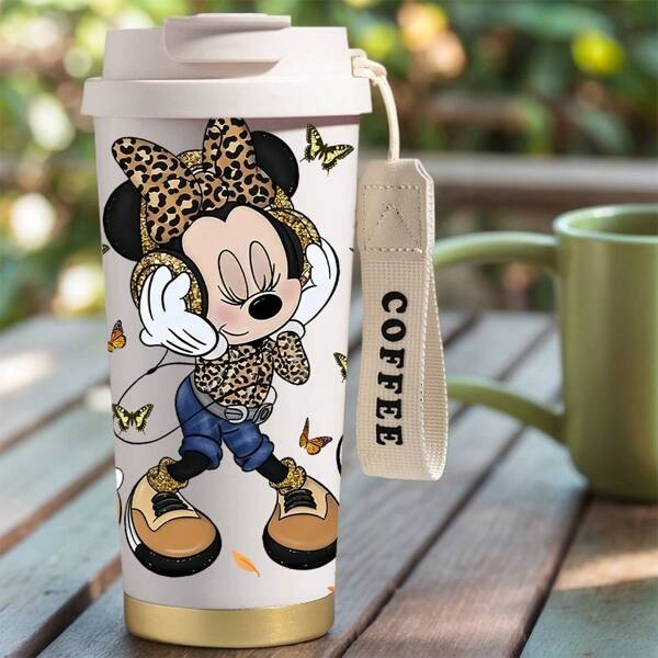 Disney 1 pieza Taza de viaje aislada al vacío de 500ml con diseño de Minnie Mouse de Disney con estampado de leopardo - Taza de doble pared para bebidas calientes/frías, regalo para el Día de la Madre, Pascua, Día del Padre, para exteriores, ir al trabajo, acampar - Diseño alegre | Taza decorativa, taza de café