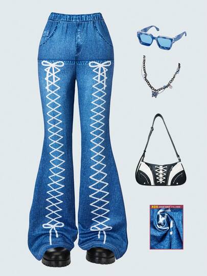 Quần ống loe denim xanh giả thời trang giản dị dành cho bé gái phù hợp cho các chuyến đi chơi mùa xuân, hoạt động ngoài trời, du lịch và mặc hàng ngày. Đây là món quà tuyệt vời cho bé gái