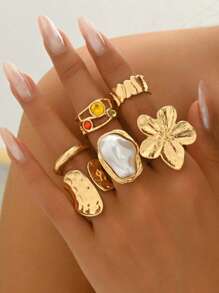 6 pièces/Set Ensemble de bagues ouvertes exagérées décorées de fleurs métalliques vintage et de faux perles