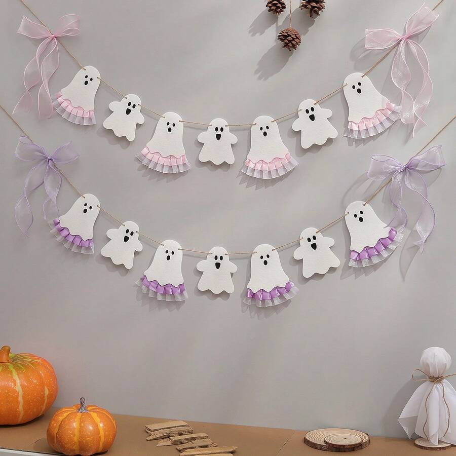 Halloween Cute Ghost Wearing Dress Party Decoration Banner, Bow Flag Garland