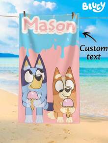 1 pieza Toalla de playa con el nombre personalizable de Bluey, que presenta el diseño de dibujos animados de Bluey comiendo helado, una toalla de baño suave y de secado rápido para la playa. Un artículo imprescindible para viajes y una prenda esencial de moda de playa para viajes de verano. - Helado para dos bluey - Ver 13