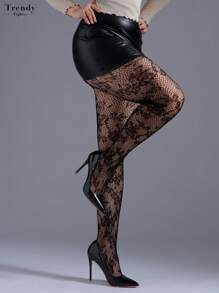 1 Stück Große Größen Frauen Gothic Blumen Spitze Jacquard Fischernetz Halterstrumpfhose, elastische Skinny Leggings, modische sexy schwarze Netzstrümpfe, geeignet für alle Jahreszeiten
