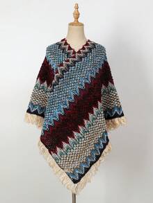 1 件纯色镂空蝙蝠翼流苏针织斗篷