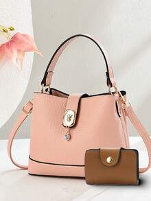 Set Of Women's Small Handbag, Fashion Shoulder Bag, Patchwork Color Bucket Bag - Beige - View 7