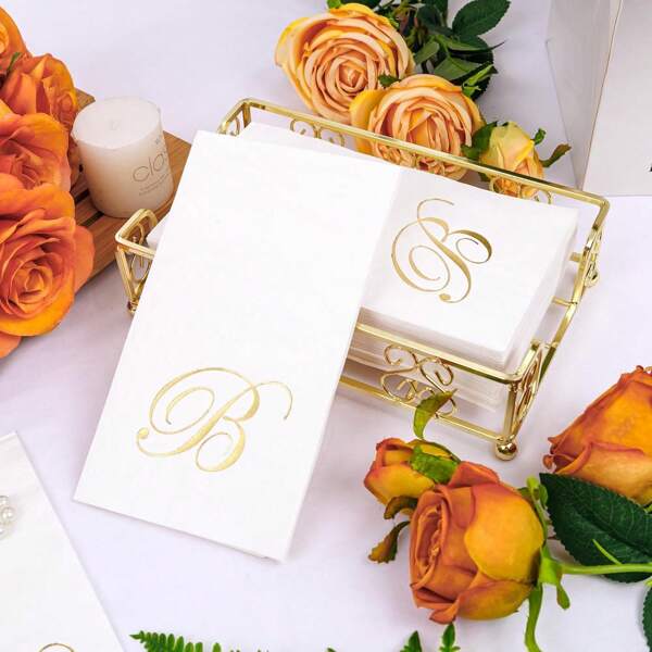 100PCS Gold Monogram Paper Napkins Letter B - Disposable Paper Napkins Elegant Metallic Golden Foil Gold Paper Napkin For Wedding&Party