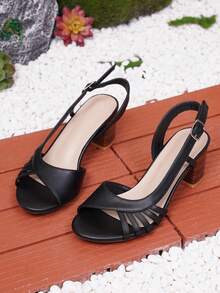 Spring/Summer Women's Open Toe Slingback Thick Heel Sandals, Casual Minimalist Comfortable, Black Leather High Heel Sandals, Suitable For Vacation, Travel, Commuting, Lightweight And Comfortable - Black - View 6