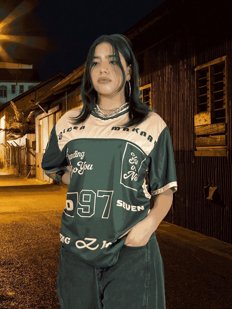 jersey estilo kpop jungkook-envionacional-unisex-street-wear Letras Número Estrella Casual Brillante Ribete en contraste kpop Casa verano - Verde - Ver 1
