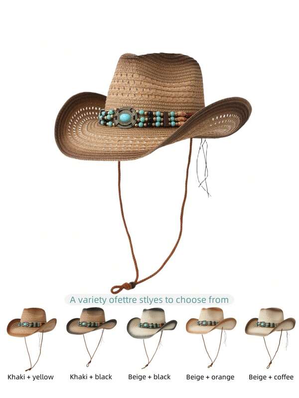 1 pieza Sombrero vaquero de mezclilla para mujer, sombrero de vaquera de verano con bloqueo de color, ala enrollada tejida a mano con decoración de cinturón ancho de turquesa con cuentas, cordón ajustable, sombrero casual de estilo británico clásico unisex