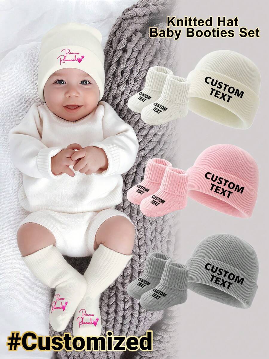2pcs/Set Personalized Graphic Knit Hat And Socks For Infants & Toddlers, Comfortable, Fashionable And Versatile, Suitable As Gifts For Boys And Girls For Everyday Wear